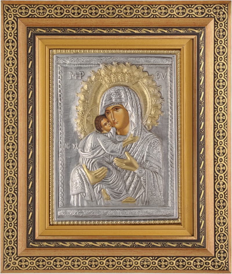Εικόνα "Παναγία Γλυκοφιλούσα" με επικάλυψη από φύλλο ασήμι 925 και τοπικό επιχρύσωμα ΚΩΔ. 800 40x50