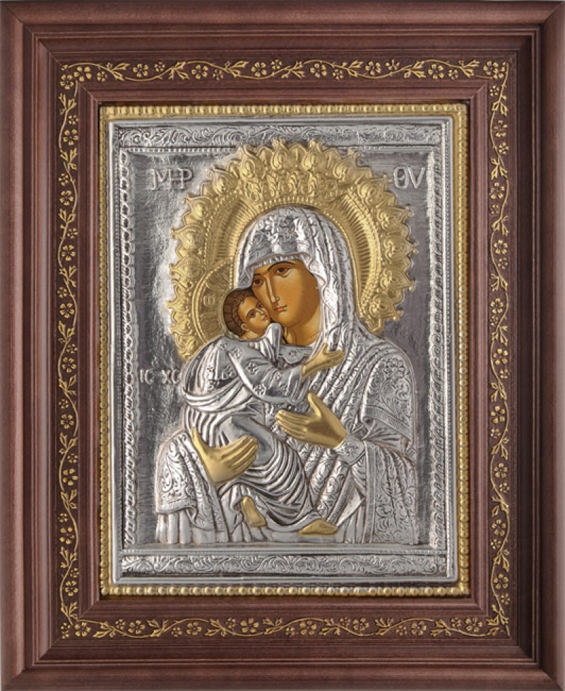Εικόνα "Παναγία Γλυκοφιλούσα" με επικάλυψη από φύλλο ασήμι 925 και τοπικό επιχρύσωμα ΚΩΔ. 1000 35x43