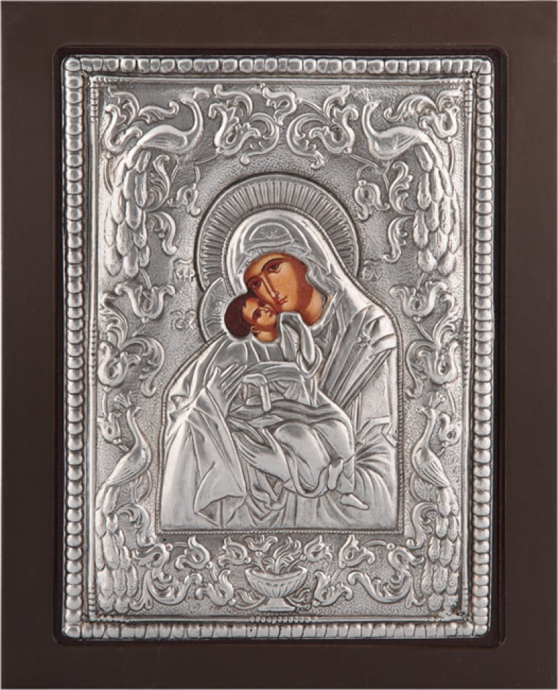 Εικόνα "Παναγία Γλυκοφιλούσα με Παγώνια" σε μαύρο ξύλο με επικάλυψη από φύλλο ασήμι 925 ΚΩΔ. 104 19Χ24εκ.