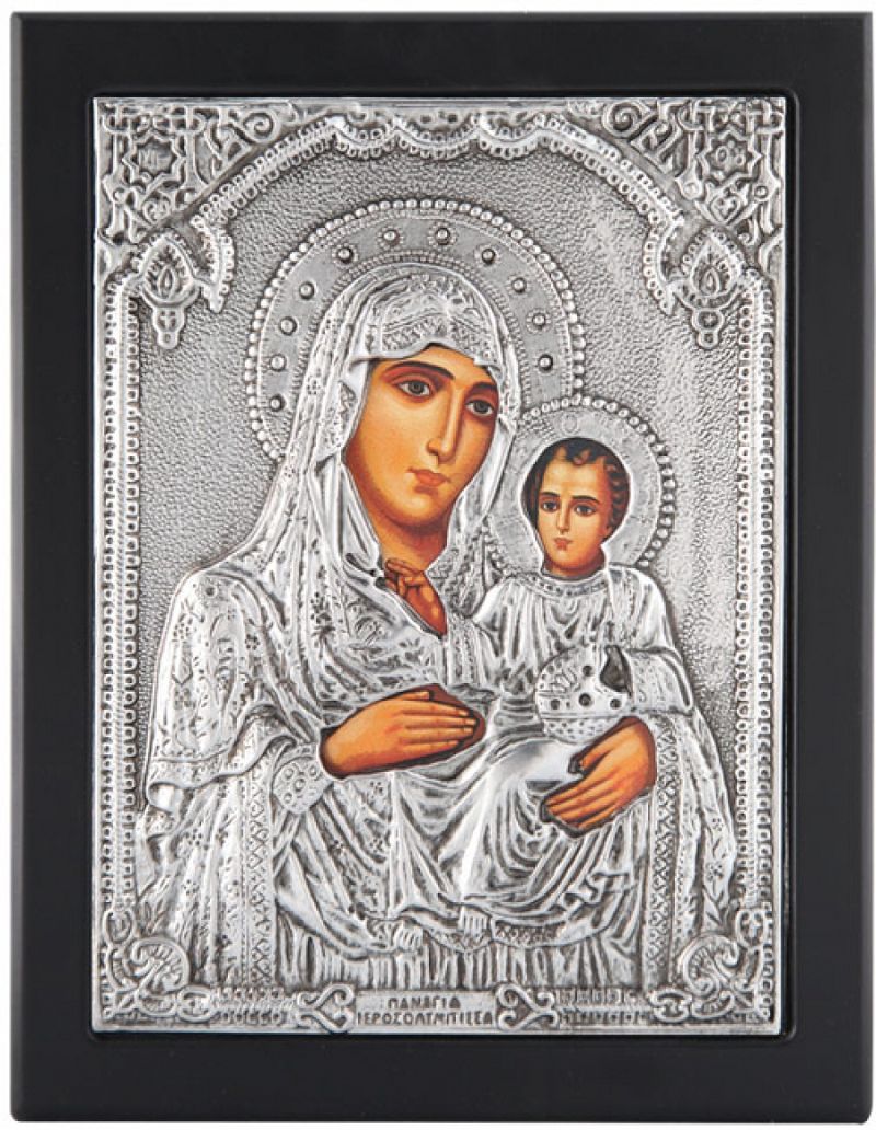 Εικόνα "Παναγία Ιεροσολυμίτισσα" σε μαύρο ξύλο με επικάλυψη από φύλλο ασήμι 925 ΚΩΔ. 103 15Χ18εκ.