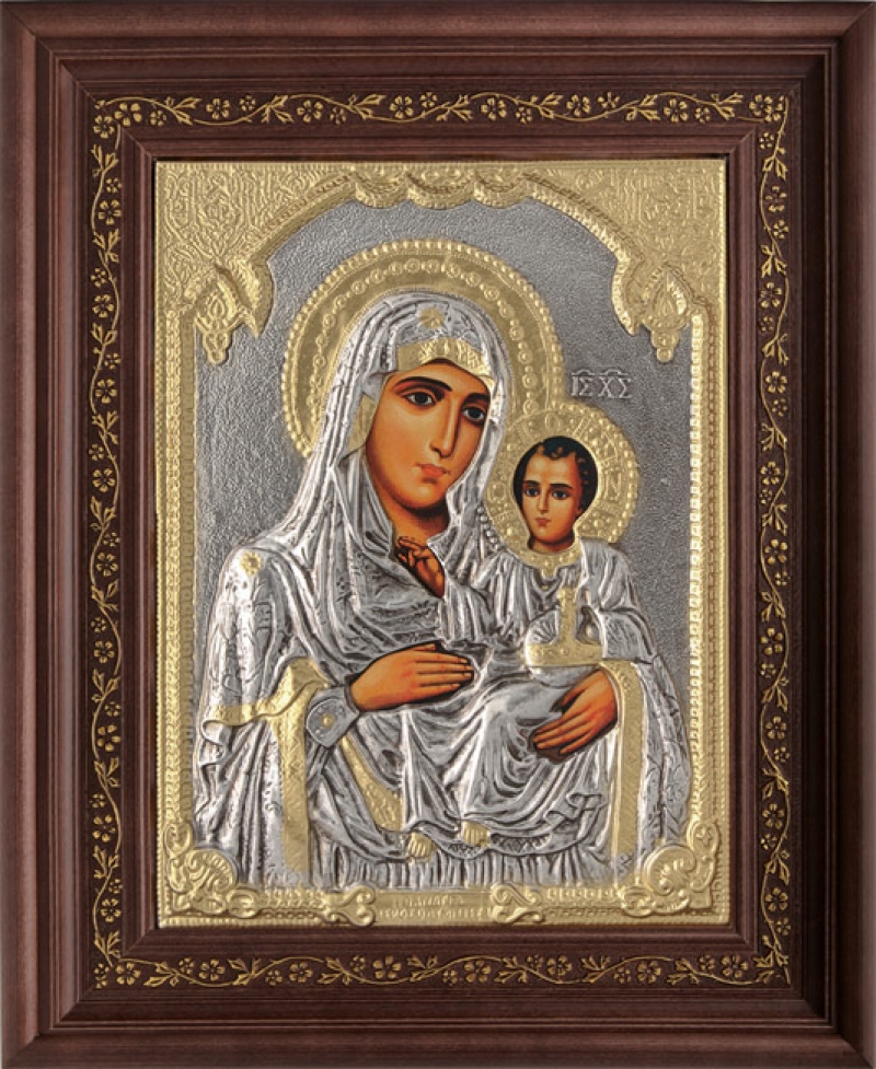 Εικόνα "Παναγία Ιεροσολυμίτισσα" με επικάλυψη από φύλλο ασήμι 925 και τοπικό επιχρύσωμα ΚΩΔ. 1000 35x43