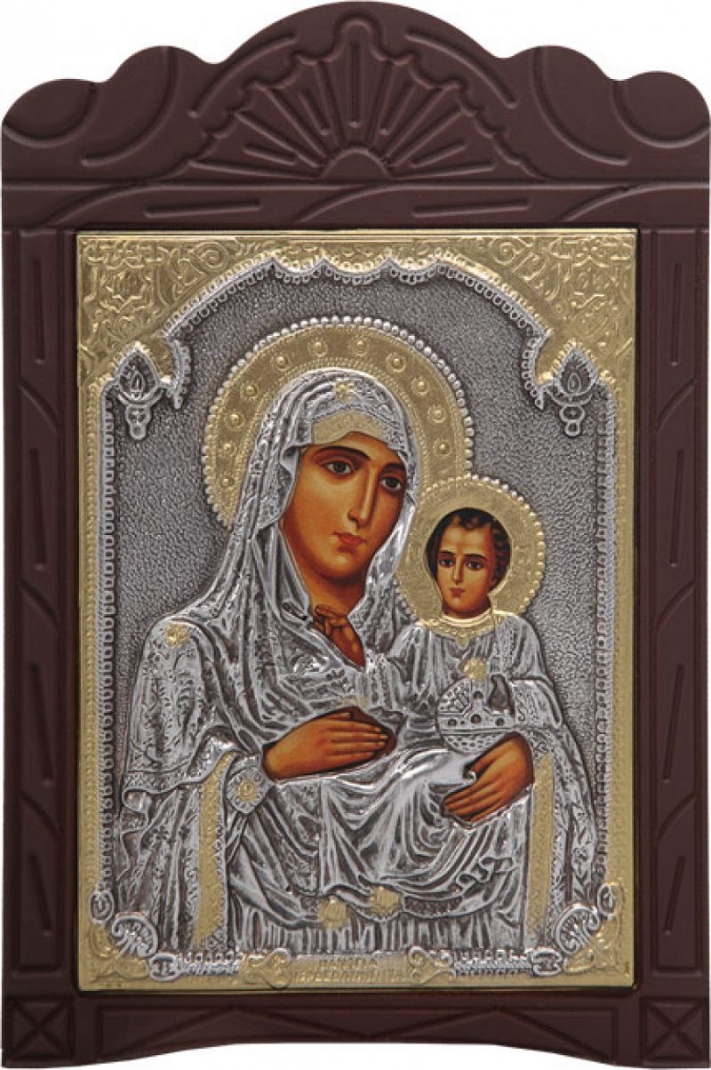 Ξυλόγλυπτο "Παναγία Ιεροσολυμίτισσα" με επικάλυψη από φύλλο ασήμι 925 και τοπικό επιχρύσωμα ΚΩΔ. 203 15x23