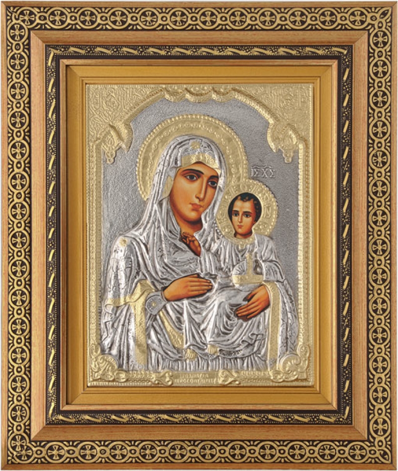 Εικόνα "Παναγία Ιεροσολυμίτισσα" με επικάλυψη από φύλλο ασήμι 925 και τοπικό επιχρύσωμα ΚΩΔ. 800 40x50
