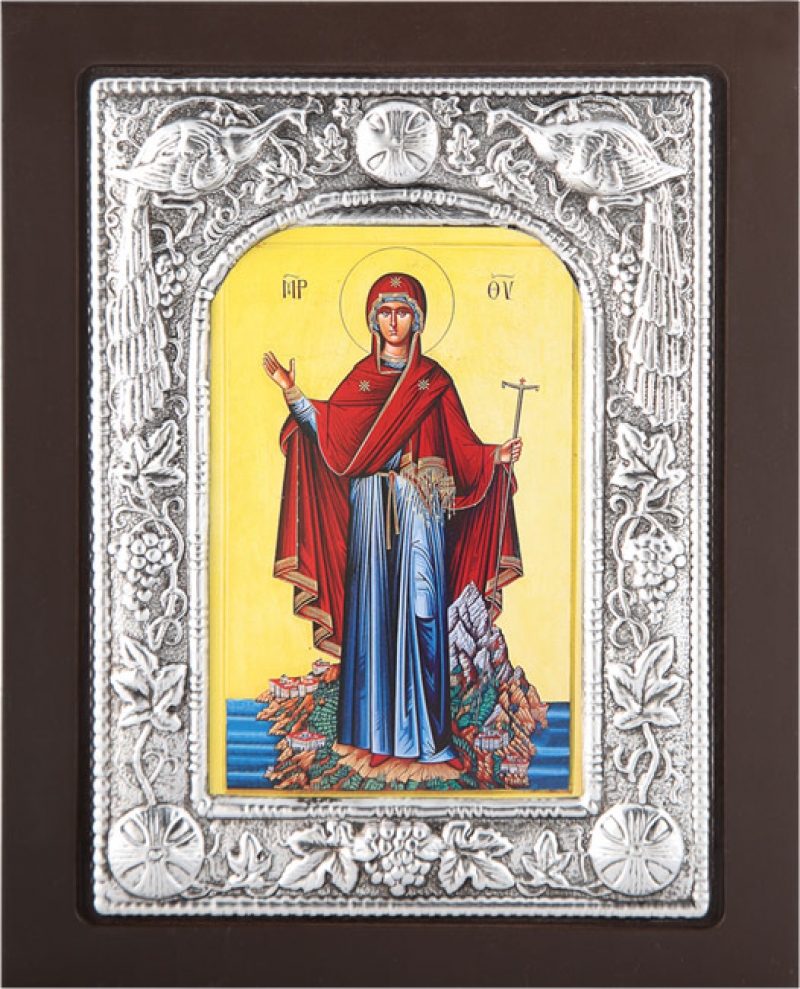Εικόνα "Παναγία Ηγουμένη Αγίου Όρους" σε μαύρο ξύλο με επικάλυψη από φύλλο ασήμι 925 ΚΩΔ. 104 19Χ24εκ.