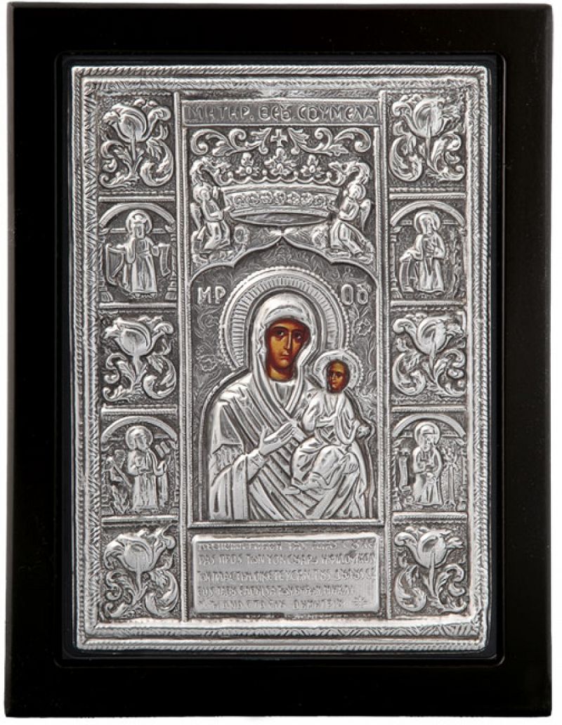 Εικόνα "Παναγία Σουμελά" σε μαύρο ξύλο με επικάλυψη από φύλλο ασήμι 925 ΚΩΔ. 104 19Χ24εκ.