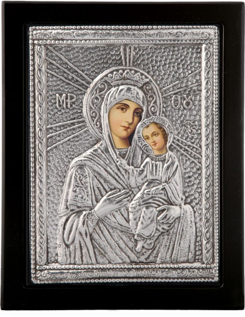 Εικόνα "Παναγία της Τήνου" σε μαύρο ξύλο με επικάλυψη από φύλλο ασήμι 925 ΚΩΔ. 103 15x18εκ.