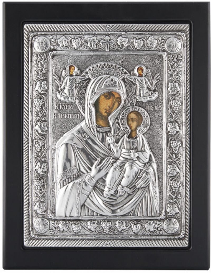 Εικόνα "Παναγία Τρυπητή" σε μαύρο ξύλο με επικάλυψη από φύλλο ασήμι 925 ΚΩΔ. 104 19Χ24εκ.