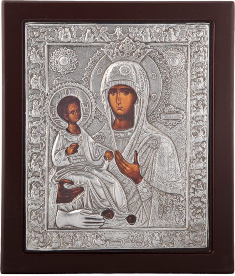 Εικόνα "Παναγία Τριχερούσα" σε μαύρο ξύλο με επικάλυψη από φύλλο ασήμι 925 ΚΩΔ. 103 15x18εκ.