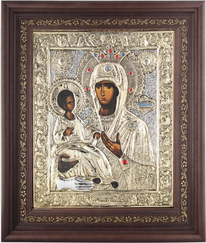 Εικόνα "Παναγία Τριχερούσα" με επικάλυψη από φύλλο ασήμι 925 και τοπικό επιχρύσωμα ΚΩΔ. 1000 35x43