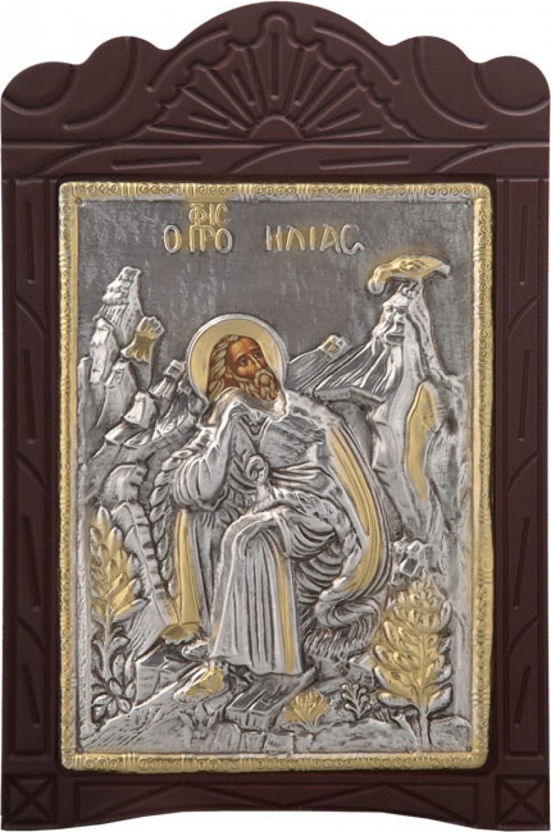 Ξυλόγλυπτο "Προφήτης Ηλίας" με επικάλυψη από φύλλο ασήμι 925 και τοπικό επιχρύσωμα ΚΩΔ. 203 15x23