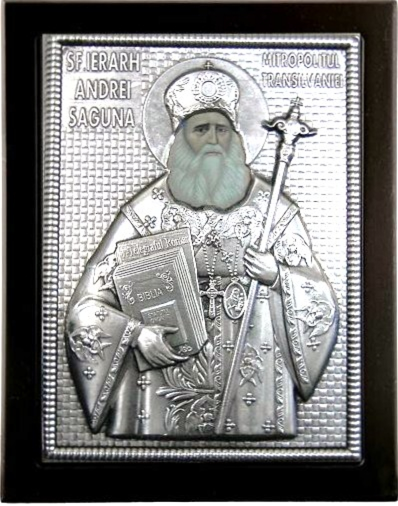 Εικόνα "Sfantul Apostol Andrei Saguna Mitropolitul Transilvaniei " σε μαύρο ξύλο με επικάλυψη από φύλλο ασήμι 925 ΚΩΔ. 104 19Χ24εκ.