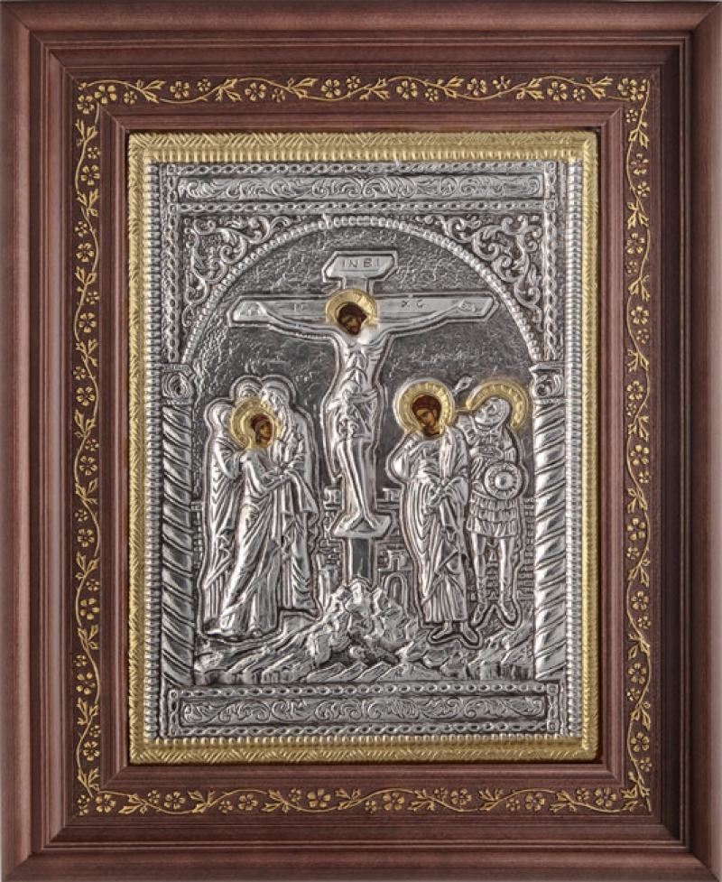 Εικόνα "Η Σταύρωση" με επικάλυψη από φύλλο ασήμι 925 και τοπικό επιχρύσωμα ΚΩΔ. 1001 26x32