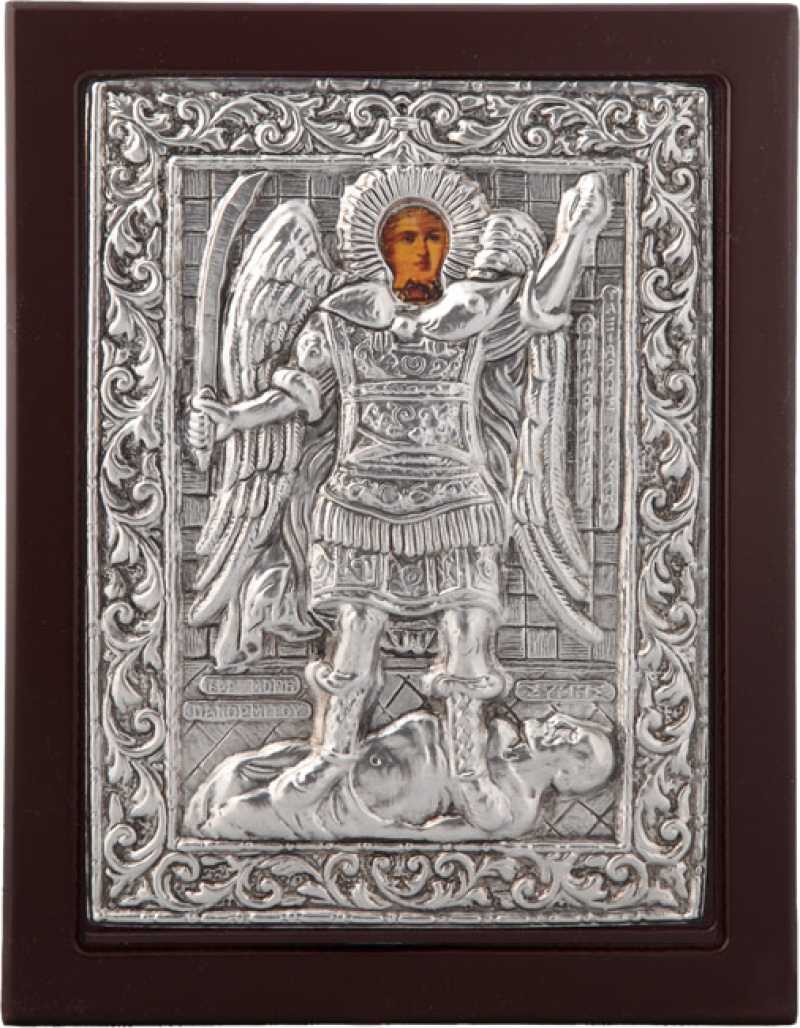 Εικόνα "Ταξιάρχης Μιχαήλ ο Πανορμίτης" σε μαύρο ξύλο με επικάλυψη από φύλλο ασήμι 925 ΚΩΔ. 104 19Χ24εκ.