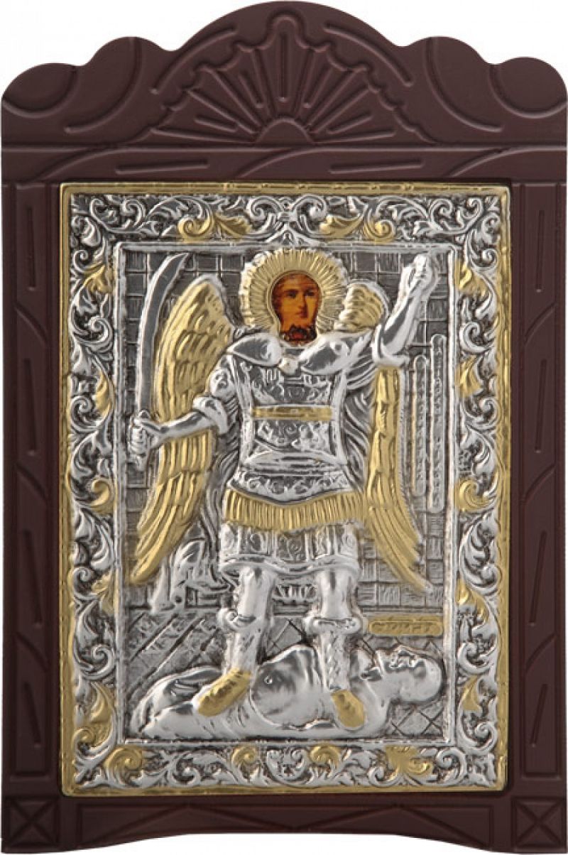 Ξυλόγλυπτο "Ταξιάρχης Μιχαήλ ο Πανορμίτης" με επικάλυψη από φύλλο ασήμι 925 και τοπικό επιχρύσωμα ΚΩΔ. 204 19x29