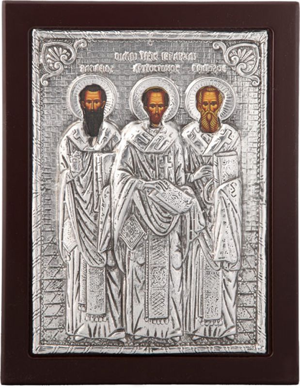 Εικόνα "Οι Τρεις Ιεράρχες" σε μαύρο ξύλο με επικάλυψη από φύλλο ασήμι 925 ΚΩΔ. 106 30Χ40εκ.