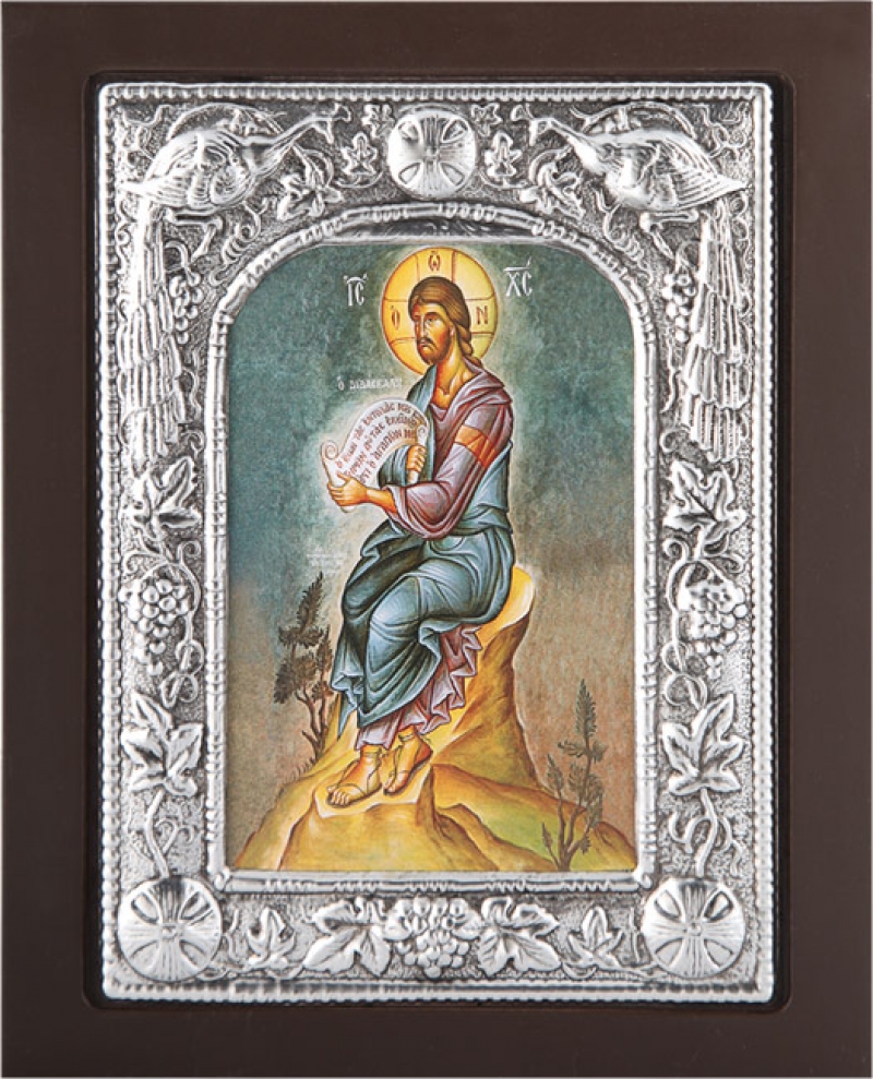 Εικόνα "Χριστός Διδάσκαλος" σε μαύρο ξύλο με επικάλυψη από φύλλο ασήμι 925 ΚΩΔ. 104 19Χ24εκ.