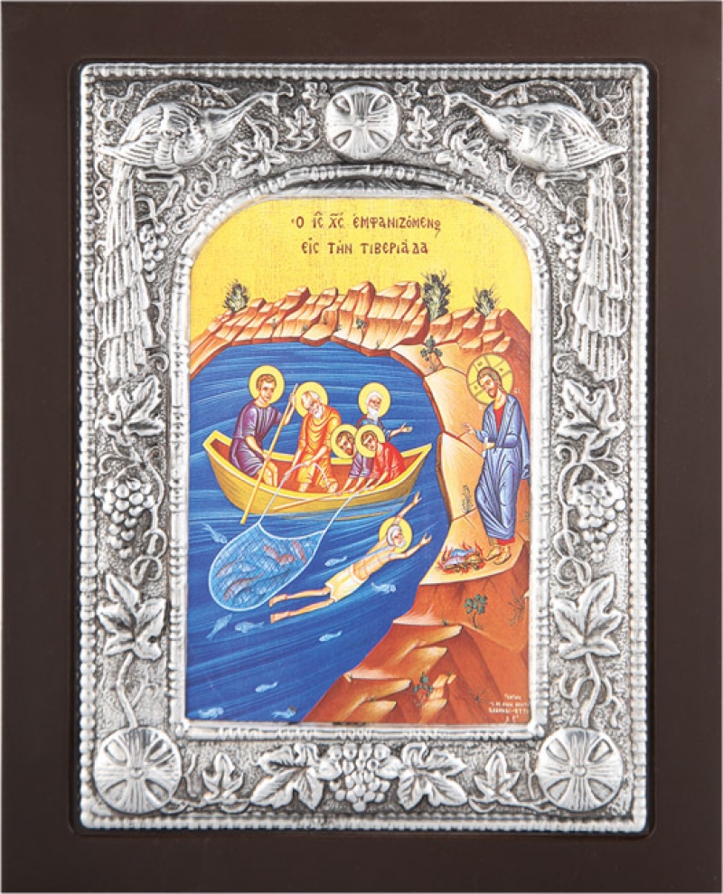 Εικόνα "Ο Χριστός εμφανιζόμενος στην Τιβεριάδα" σε μαύρο ξύλο με επικάλυψη από φύλλο ασήμι 925 ΚΩΔ. 104 19Χ24εκ.