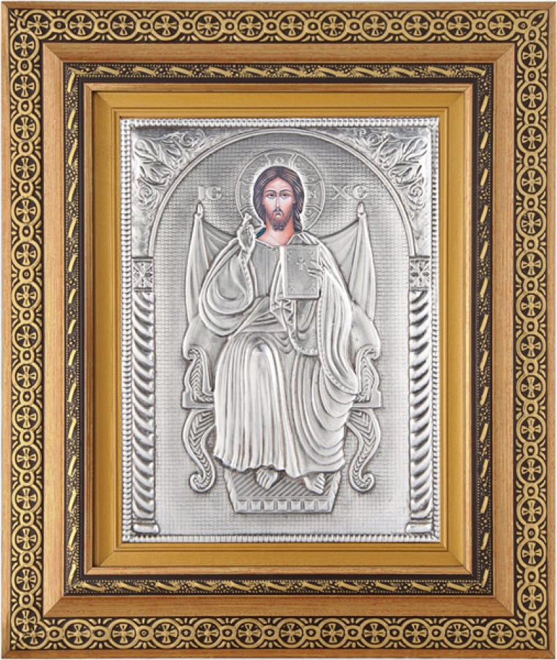 Εικόνα "Χριστός Ένθρονος" με επικάλυψη από φύλλο ασήμι 925 και τοπικό επιχρύσωμα ΚΩΔ. 801 32x38