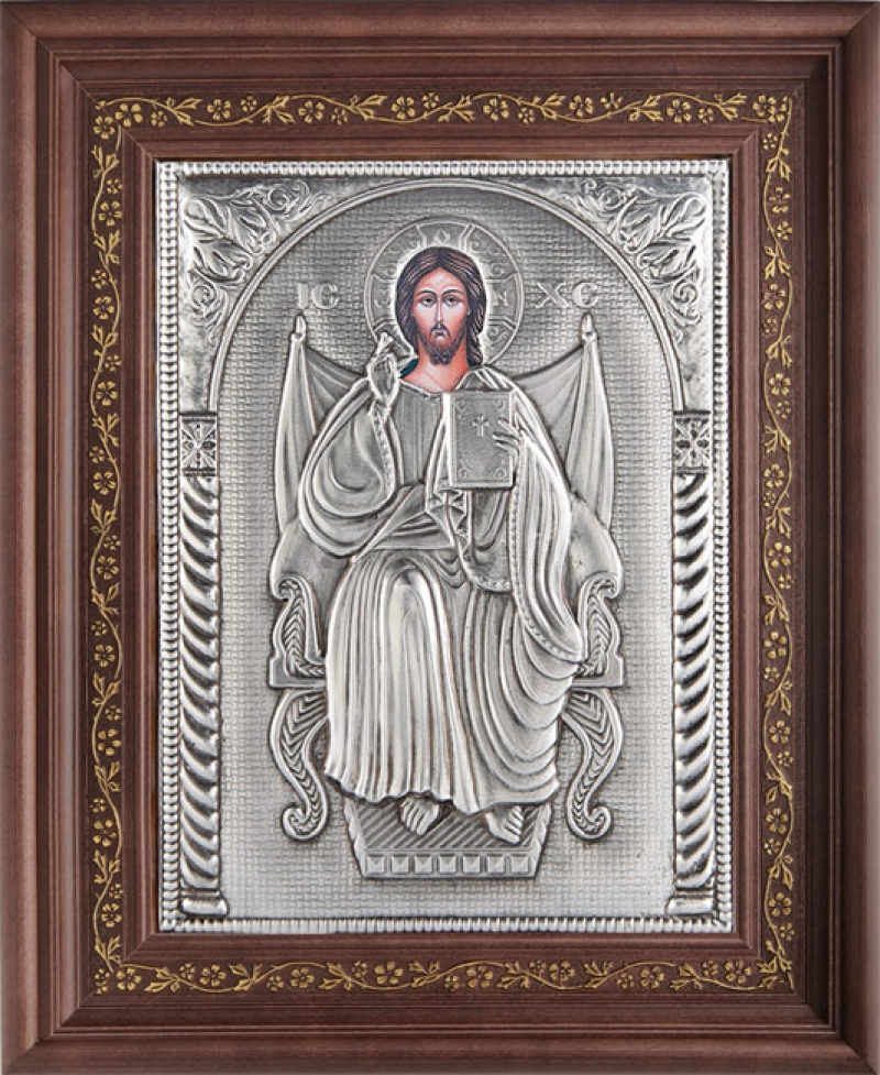 Εικόνα "Χριστός Ένθρονος" με επικάλυψη από φύλλο ασήμι 925 και τοπικό επιχρύσωμα ΚΩΔ. 1000 35x43