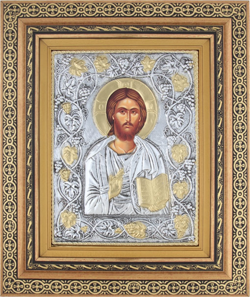 Εικόνα "Χριστός Ευλογών" με επικάλυψη από φύλλο ασήμι 925 και τοπικό επιχρύσωμα ΚΩΔ. 801 32x38