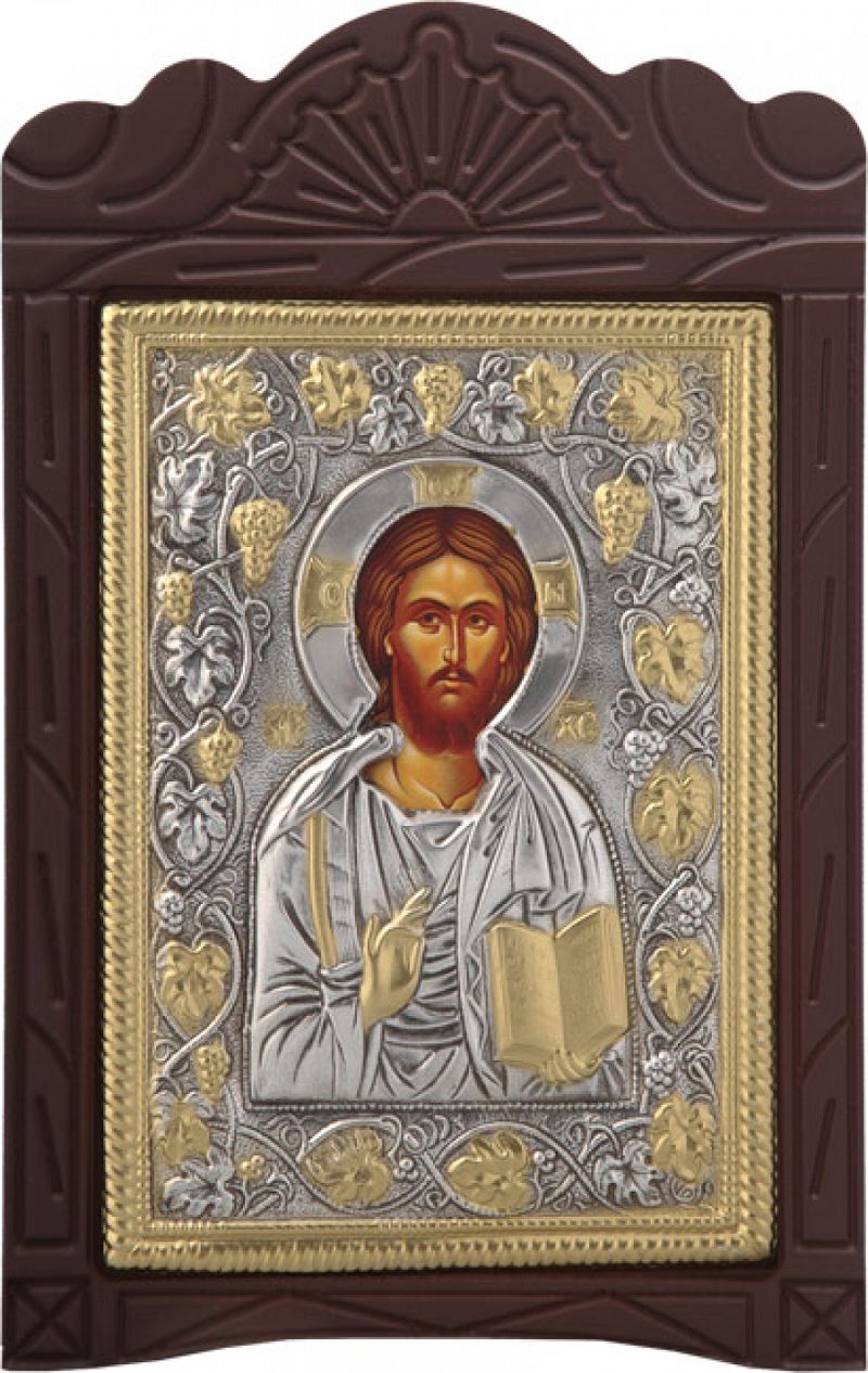 Ξυλόγλυπτο "Χριστός Ευλογών" με επικάλυψη από φύλλο ασήμι 925 και τοπικό επιχρύσωμα ΚΩΔ. 203 15x23