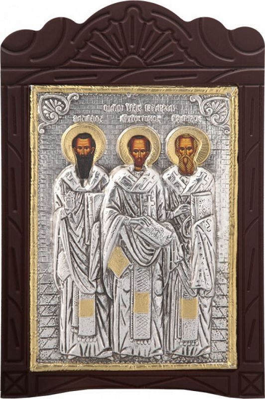 Ξυλόγλυπτο "Τρεις Ιεράρχες" με επικάλυψη από φύλλο ασήμι 925 και τοπικό επιχρύσωμα ΚΩΔ. 204 19x29