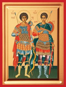 Ο ΑΓΙΟΣ ΓΕΩΡΓΙΟΣ & Ο ΑΓΙΟΣ ΔΗΜΗΤΡΙΟΣ Μεταξοτυπία σε ξύλο 9,5x12,5cm