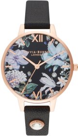 Olivia Burton Flowers Rose Gold Black Leather Strap OB16BF23