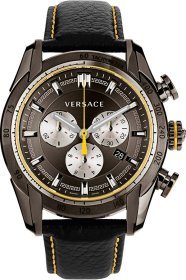 Versace Men's "V-Ray " Stainless Steel Watch with Black Genuine Leather Band VDB020014