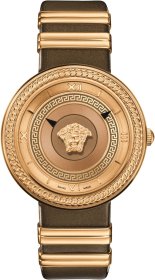Versace Women's V-metal Icon Watch Rose Gold IP Steel Brown Leather VLC130016