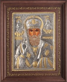Εικόνα "Άγιος Νικόλαος" με επικάλυψη από φύλλο ασήμι 925 και τοπικό επιχρύσωμα ΚΩΔ. 1010 49Χ61