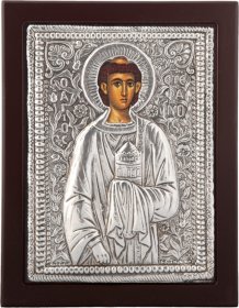Εικόνα "Άγιος Στέφανος" σε μαύρο ξύλο με επικάλυψη από φύλλο ασήμι 925 ΚΩΔ. 106 30Χ40εκ.