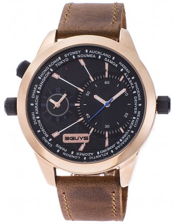 3GUYS Dual Time Brown Leather Strap 3G14589
