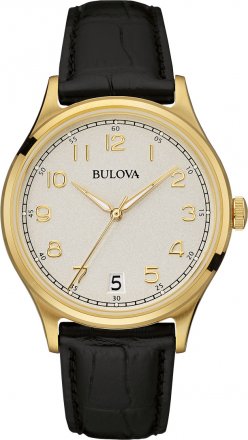 BULOVA Vintage Gold Black Leather Strap 97B147