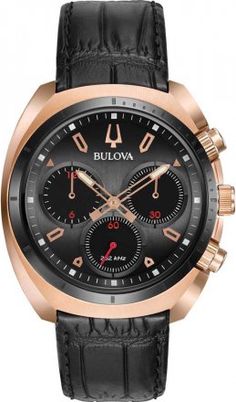 BULOVA Curv Rose Gold Black Leather Chronograph 98A156