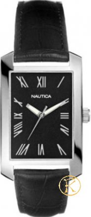 Nautica Steel Gents Black Dial Black Leather Strap Watch A08595
