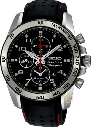Seiko SPORTURA Alarm Chronograph Black Leather Strap SNAE65P1