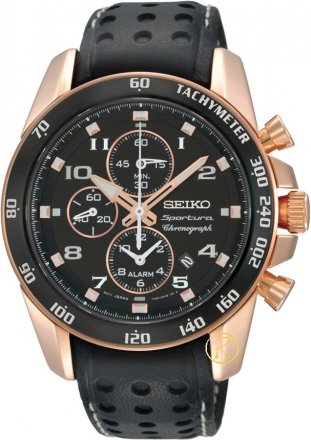 Seiko Sportura Alarm Chronograph Rose Gold Plated Leather Strap SNAE80P1