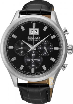 Seiko Sports Mens Chrono Black Leather Strap SPC083P2