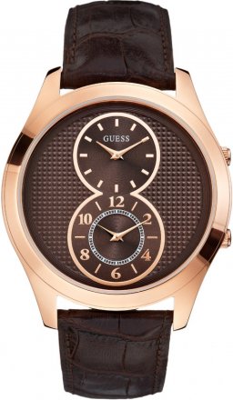 Guess Dual Time Rose Gold Brown Leather Strap W0376G3