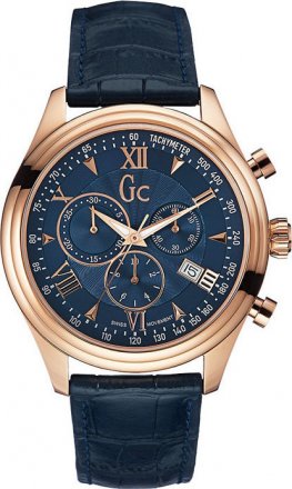GUESS Collection Rose Gold Blue Leather Chronograph Y04008G7