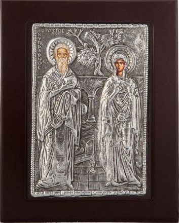 Εικόνα "Άγιος Κυπριανός & Ιουστίνη" σε μαύρο ξύλο με επικάλυψη από φύλλο ασήμι 925 ΚΩΔ. 105 23Χ28εκ.