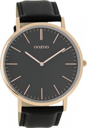 OOZOO Τimepieces Vintage Rose Gold Ultra Slim Black Leather Strap C6931