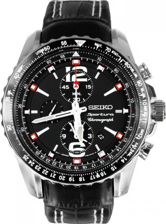 Seiko Sportura Alarm Chronograph Black Leather Strap SNAE95P2