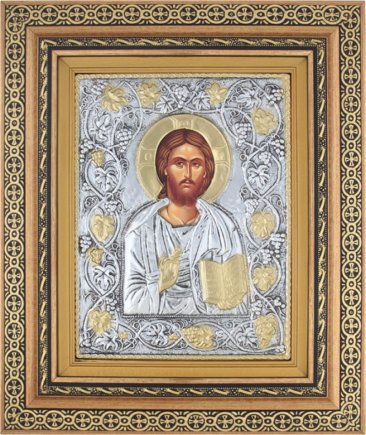 Εικόνα "Χριστός Ευλογών" με επικάλυψη από φύλλο ασήμι 925 και τοπικό επιχρύσωμα ΚΩΔ. 801 32x38