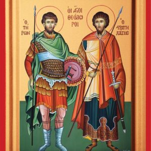 Οι Άγιοι Θεόδωροι Τήρων και Στρατηλάτης Μεταξοτυπία σε ξύλο 30x40cm