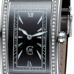 Cerruti Square Lady Crystal Silver Case Black Leather Strap CT100232X03