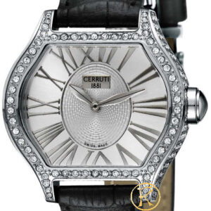 Cerruti Lady Crystal Case White Dial Black Leather Strap CT101072S02