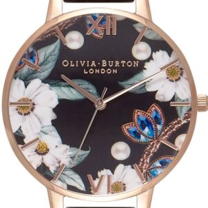 Olivia Burton Flowers Rose Gold Black Leather Strap OB16BF04