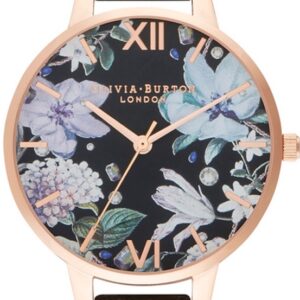 Olivia Burton Flowers Rose Gold Black Leather Strap OB16BF23